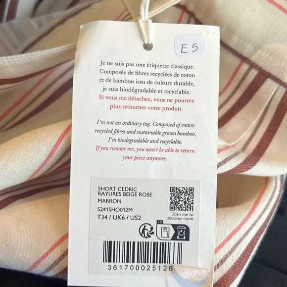 NWT Linen / Cotton Sézane Cedric Shorts / Size 2 (34) / Striped Beige Pink Brown
